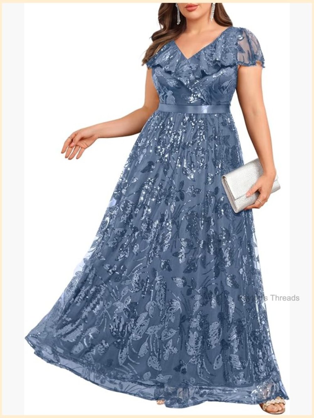 Plus Size Formal Evening Gown Sequin Embroidered V-Neck Long Dress